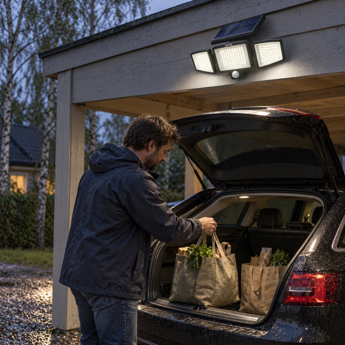 Orvo solar buitenlamp boven de deur van een houtschuurtje in het bos