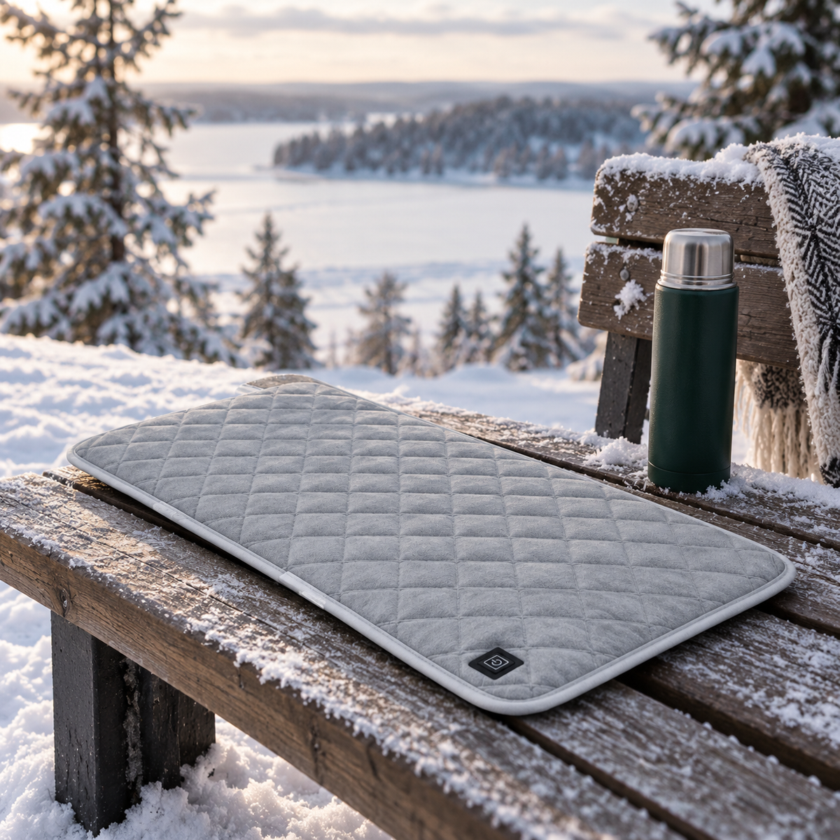 ORVO verwarmd zitkussen op een besneeuwde houten bank aan een bevroren meer, naast een thermosfles