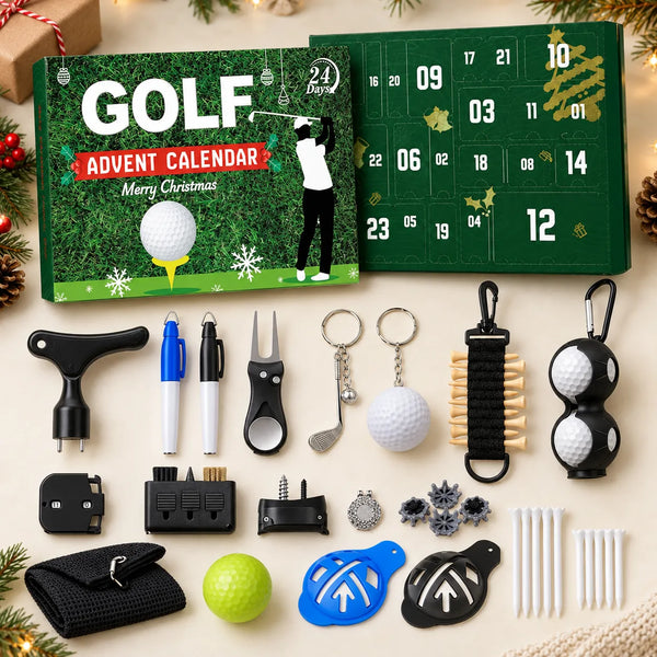 Golf adventskalender med 24 luckor och golftillbehören som ligger bakom: golfbollar, peggar, greenlagare, borste, handduk och linjemarkörer
