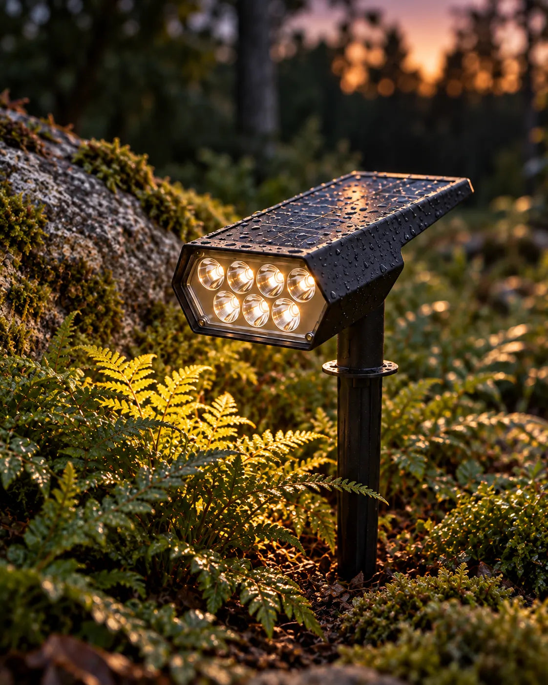 ORVO solar tuinspot met zeven leds brandt in de schemering tussen varens bij een bemoste steen
