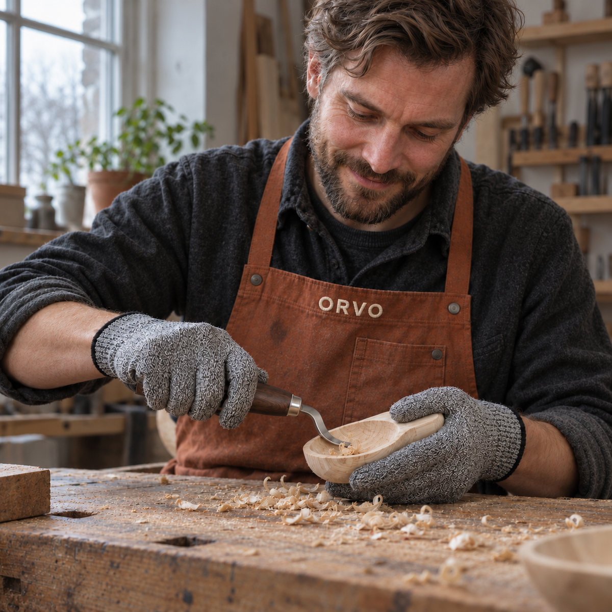 Persoon met schort en handschoenen snijdt aan een werkbank een houten lepel met een haakmes