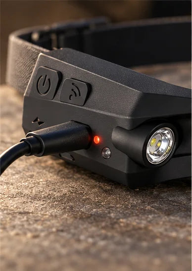 Opladen via USB-C – een rood lampje toont dat hij laadt